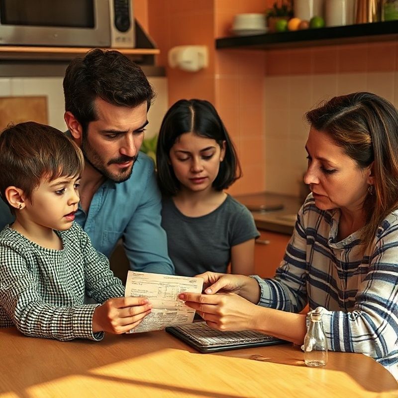 Familia española revisando el ticket del supermercado en la cocina